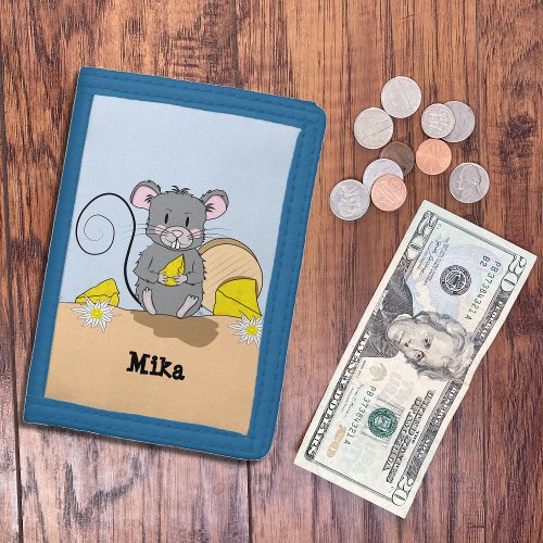 Cartoon Gray Mouse eating Cheese Kid Wallet