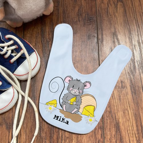 Cartoon Gray Mouse Eating Cheese Personalized Bib