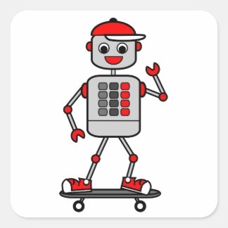 Cartoon Gray Robot Wearing Red Cap on Skateboard Square Sticker