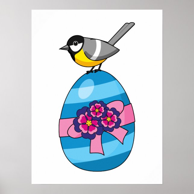 Cartoon Great Tit with Easter Egg Poster (Front)