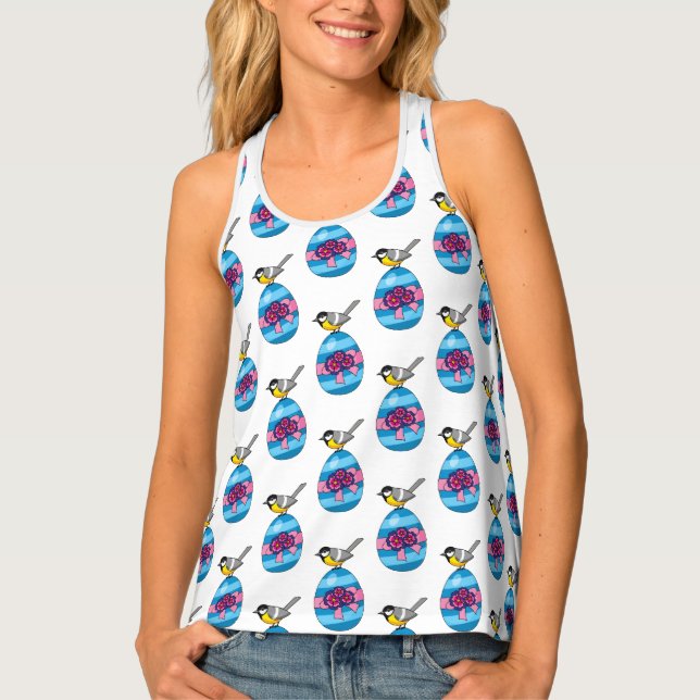 Cartoon Great Tit with Easter Egg Tank Top (Front)