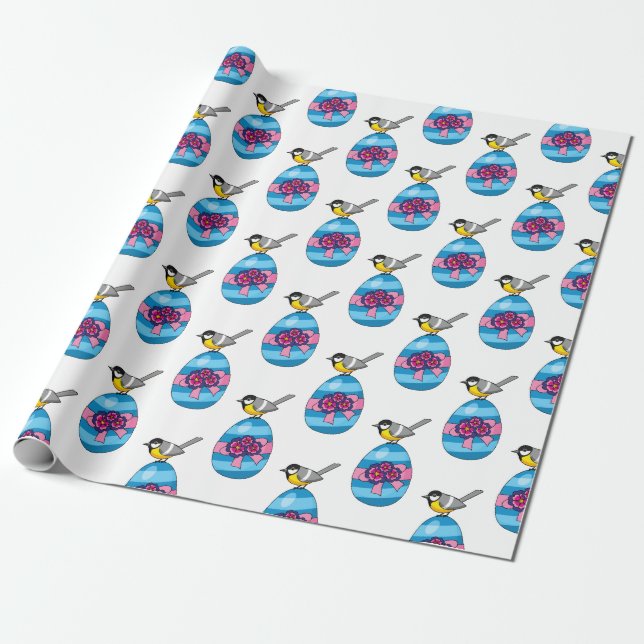 Cartoon Great Tit with Easter Egg Wrapping Paper (Unrolled)