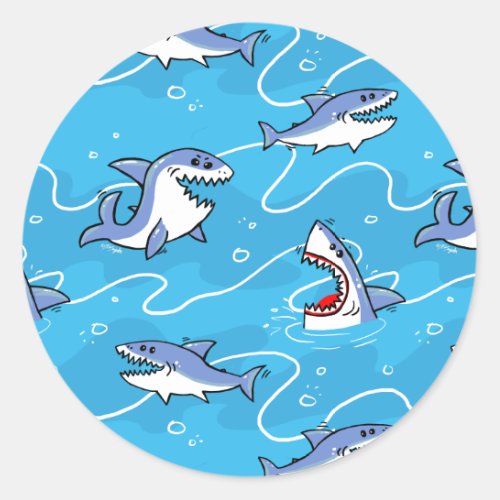 Cartoon Great White Sharks Classic Round Sticker