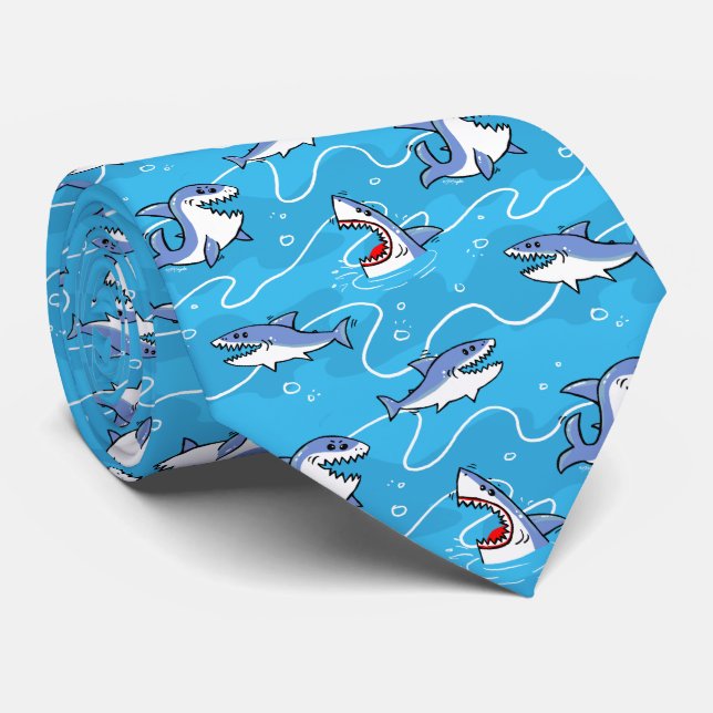 Cartoon Great White Sharks Neck Tie (Rolled)