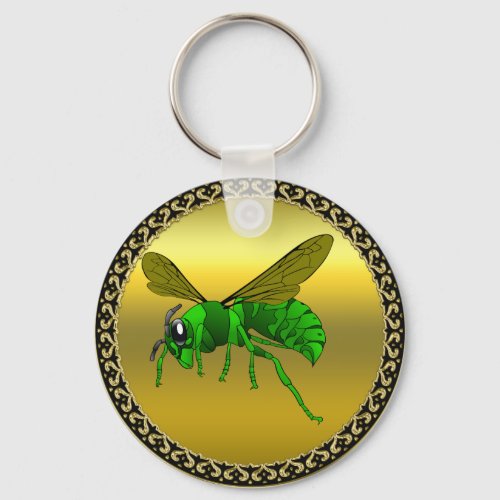 Cartoon green and lime bee with gold foil keychain