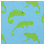 Cartoon Green Chameleons on Blue Fabric