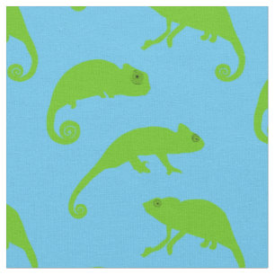Cartoon Green Chameleons on Blue Fabric