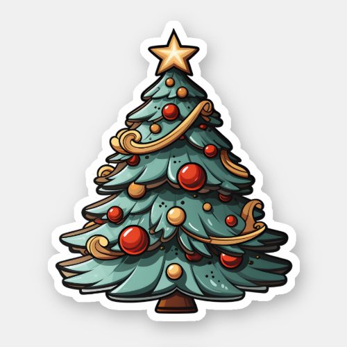 Cartoon Green Christmas Tree With Red Bauble Sticker