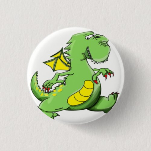 Cartoon green dragon walking on his back feet button