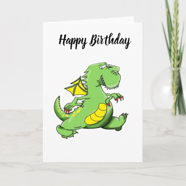 Cartoon green dragon walking on his back feet card (Front)
