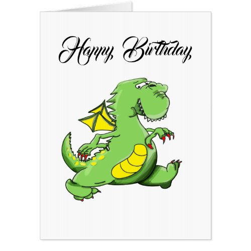 Cartoon green dragon walking on his back feet card