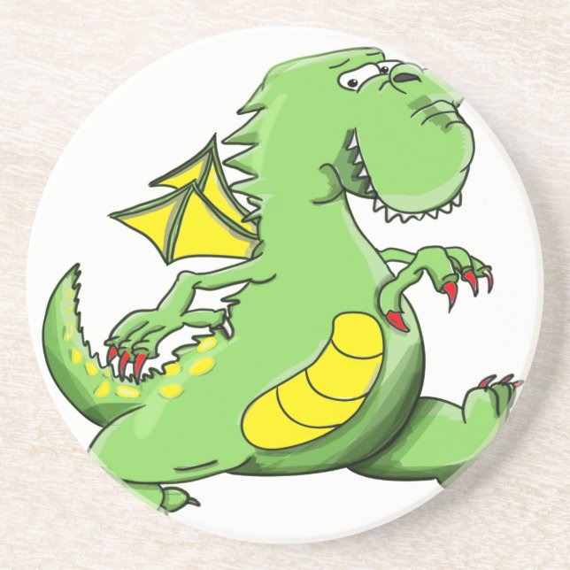 Cartoon green dragon walking on his back feet drink coaster (Front)