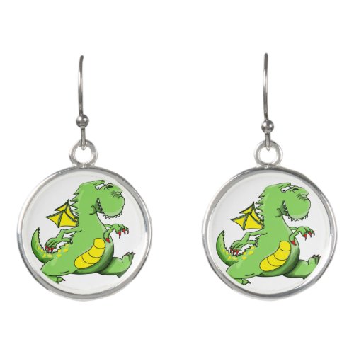 Cartoon green dragon walking on his back feet earrings