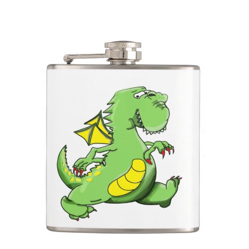 Cartoon green dragon walking on his back feet flask