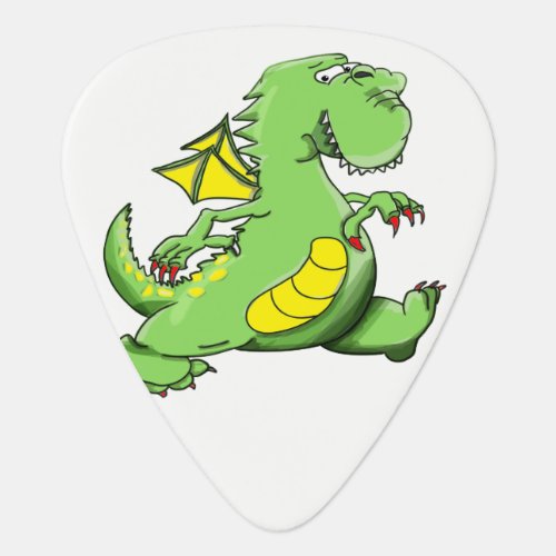 Cartoon green dragon walking on his back feet guitar pick