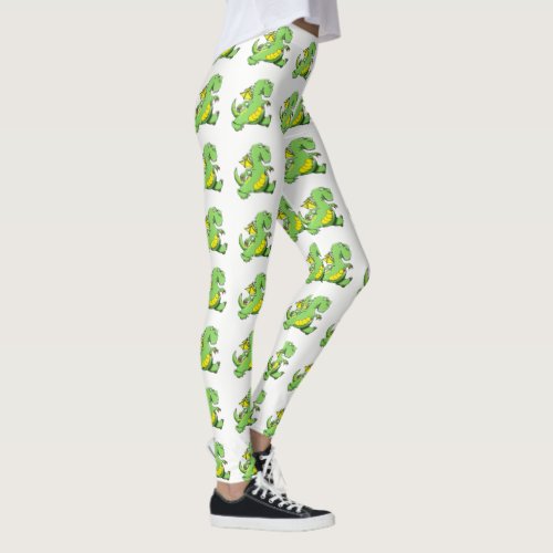 Cartoon green dragon walking on his back feet leggings