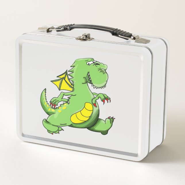 Cartoon green dragon walking on his back feet metal lunch box (Front)