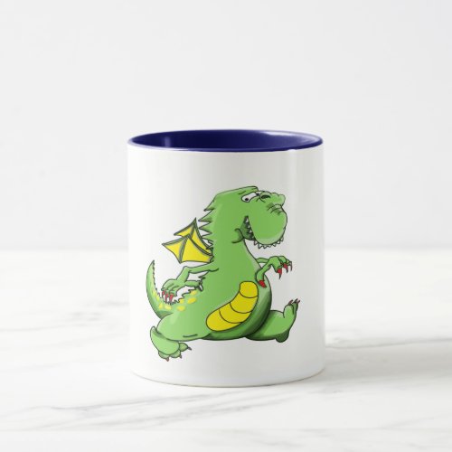 Cartoon green dragon walking on his back feet mug