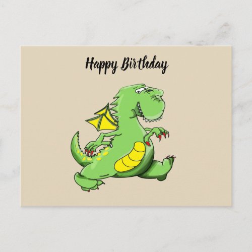 Cartoon green dragon walking on his back feet postcard