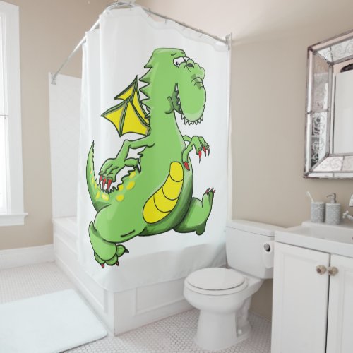 Cartoon green dragon walking on his back feet shower curtain