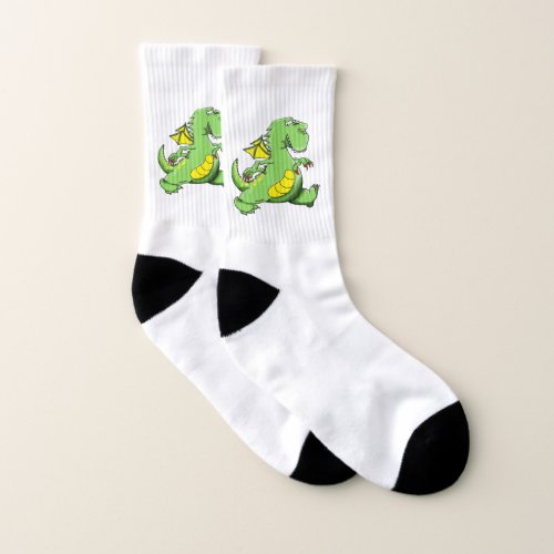 Cartoon green dragon walking on his back feet socks