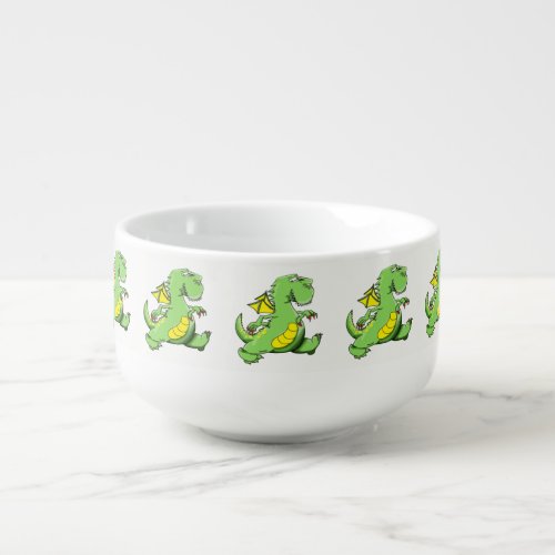 Cartoon green dragon walking on his back feet soup mug
