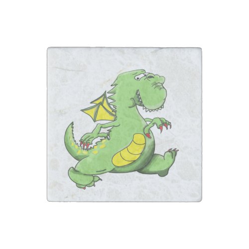 Cartoon green dragon walking on his back feet stone magnet