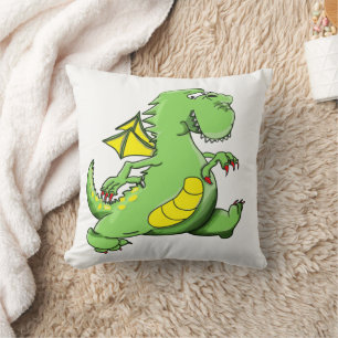 Cartoon green dragon walking on his back feet throw pillow