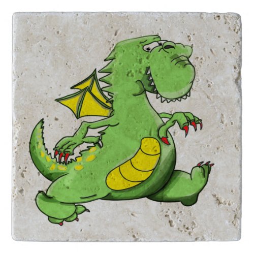 Cartoon green dragon walking on his back feet trivet