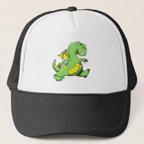 Cartoon green dragon walking on his back feet trucker hat
