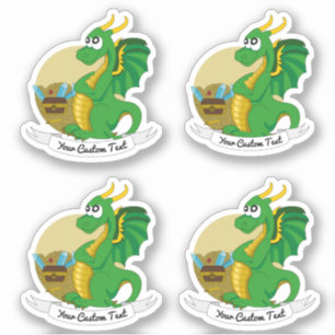 Cartoon green dragon with treasure and text sticker