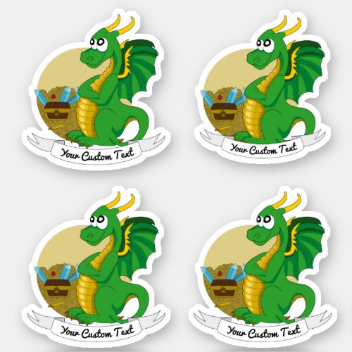 Cartoon green dragon with treasure and text sticker