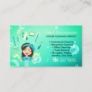 Cartoon Green Maid House Cleaning Service Business Card