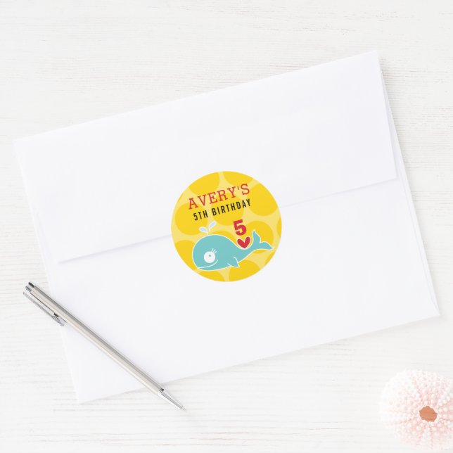 Cartoon Green Whale Red Heart Kid Birthday Party Classic Round Sticker (Envelope)