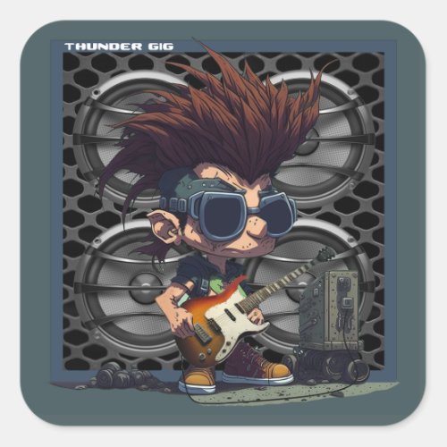 Cartoon Grunge Punk Rock  Roll Guitar Speaker  Square Sticker