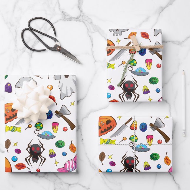 Cartoon Halloween Patterns Spooky Ghost Wrapping Paper Sheets (Front)