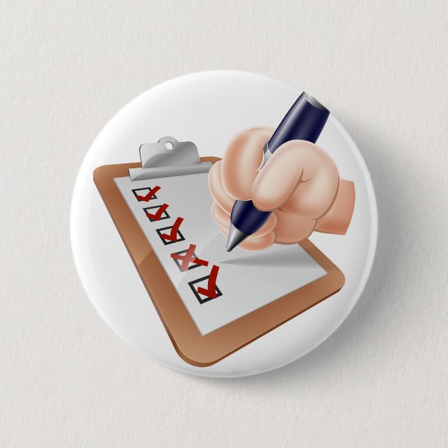 Cartoon hand completing survey pinback button (Front)