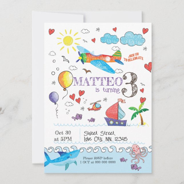 Cartoon Hand Draw Doodle Birthday Invitation (Front)