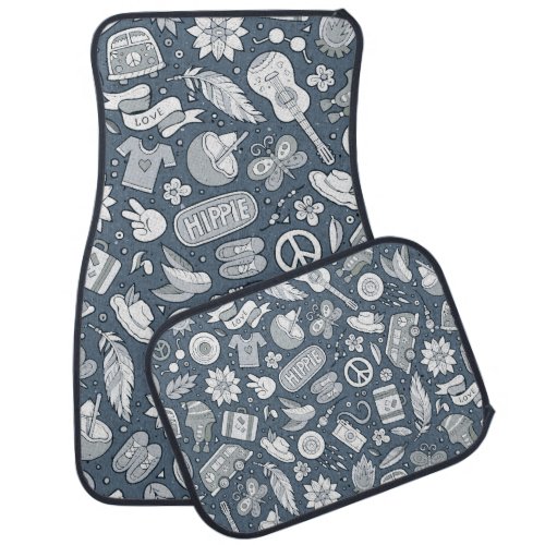 Cartoon hand drawn hippie doodles seamless pattern car floor mat