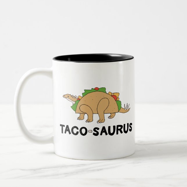 Cartoon Hand Drawn Taco Dinosaur Tacosaurus Rex Two-Tone Coffee Mug (Left)