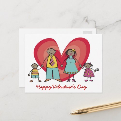 Cartoon Happy Family Big Red Heart Valentines Day Holiday Postcard
