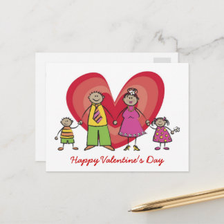 Cartoon Happy Family Big Red Heart Valentine's Day Holiday Postcard