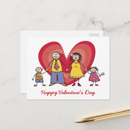 Cartoon Happy Family Big Red Heart Valentines Day Holiday Postcard