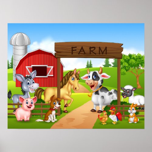 Cartoon happy farm animals poster