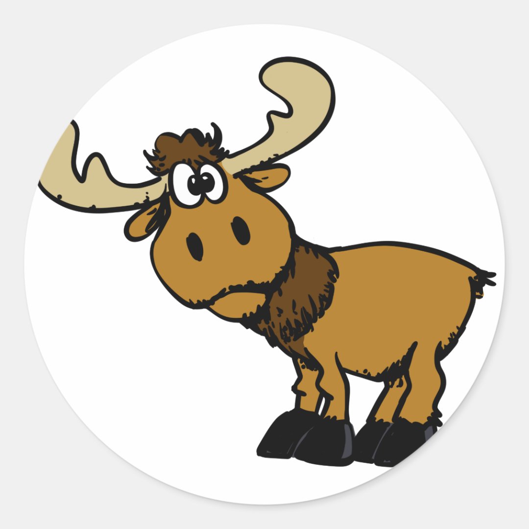 Cartoon happy moose with big horns classic round sticker Zazzle