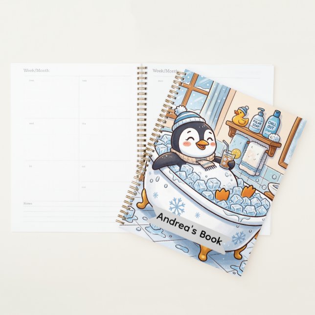 Cartoon Happy Penguin Taking a Bath | Personalize Planner (Display)