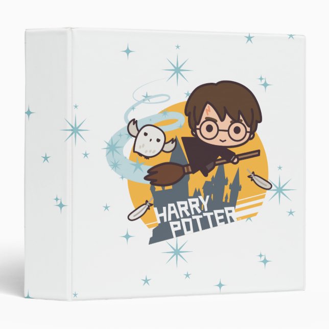 Cartoon Harry and Hedwig Flying Past Hogwarts 3 Ring Binder (Front/Spine)