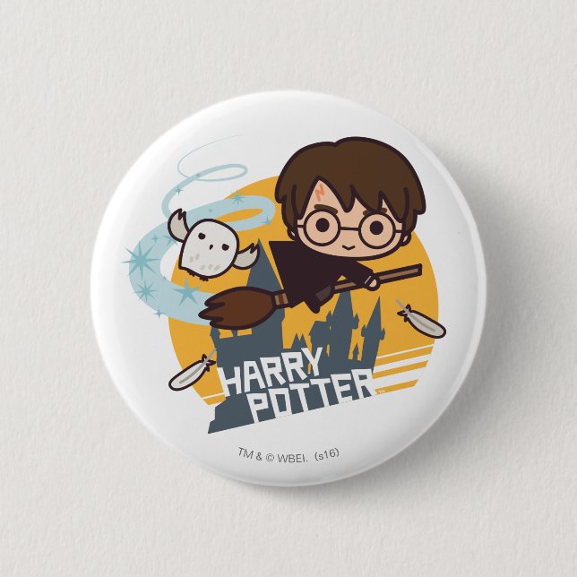Cartoon Harry and Hedwig Flying Past Hogwarts Button (Front)