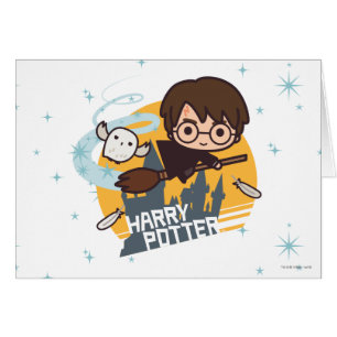 Cartoon Harry and Hedwig Flying Past Hogwarts Cards