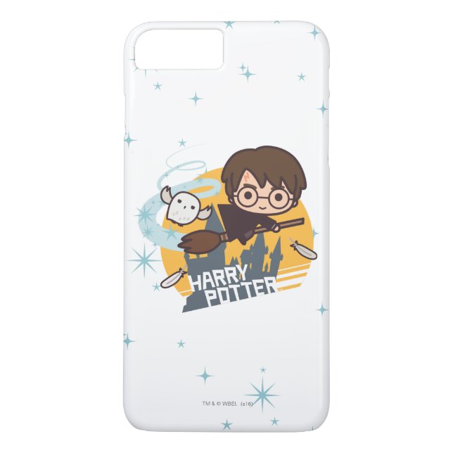 Cartoon Harry and Hedwig Flying Past Hogwarts Case-Mate iPhone Case (Back)
